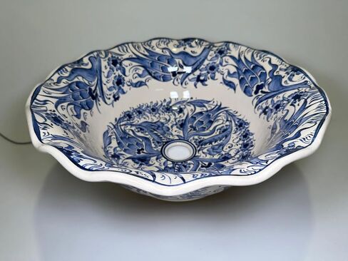 Bathroom Vanity Vessel Blue Sink, Floral Washbasin, Half Bathroom Sink, Pottery Decorative Basin, Ceramic Bath Decor, Remodeling, Midcentury (Diameter: Bathroom Set + 18") in Saudi Arabia