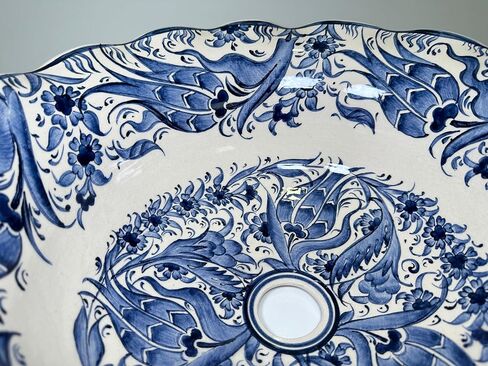 Bathroom Vanity Vessel Blue Sink, Floral Washbasin, Half Bathroom Sink, Pottery Decorative Basin, Ceramic Bath Decor, Remodeling, Midcentury (Diameter: Bathroom Set + 18") in Saudi Arabia