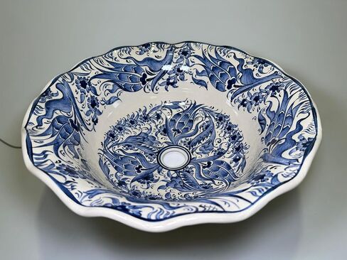 Bathroom Vanity Vessel Blue Sink, Floral Washbasin, Half Bathroom Sink, Pottery Decorative Basin, Ceramic Bath Decor, Remodeling, Midcentury (Diameter: Bathroom Set + 18") in Saudi Arabia