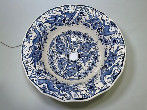 Bathroom Vanity Vessel Blue Sink, Floral Washbasin, Half Bathroom Sink, Pottery Decorative Basin, Ceramic Bath Decor, Remodeling, Midcentury (Diameter: Bathroom Set + 18") in Saudi Arabia