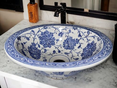 Bathroom Ceramic Blue Basin, Kitchen Vessel Sink, Countertop Floral Basin, Bowl Sink, Bathroom Remodeling, Vanity, Glossy Washstand, Powder (Diameter: 14" Ceramic Mirror) in Saudi Arabia