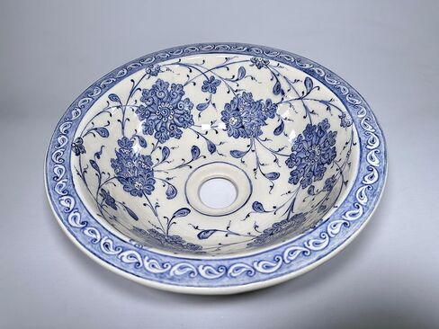 Bathroom Ceramic Blue Basin, Kitchen Vessel Sink, Countertop Floral Basin, Bowl Sink, Bathroom Remodeling, Vanity, Glossy Washstand, Powder (Diameter: 14" Ceramic Mirror) in Saudi Arabia