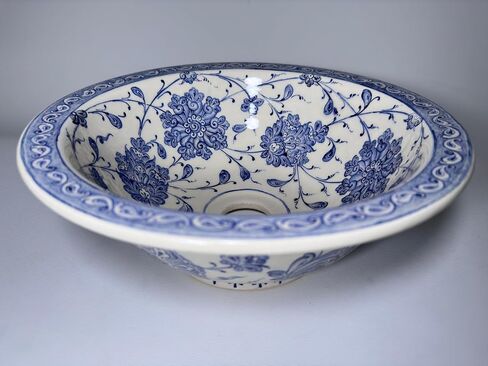 Bathroom Ceramic Blue Basin, Kitchen Vessel Sink, Countertop Floral Basin, Bowl Sink, Bathroom Remodeling, Vanity, Glossy Washstand, Powder (Diameter: 14" Ceramic Mirror) in Saudi Arabia