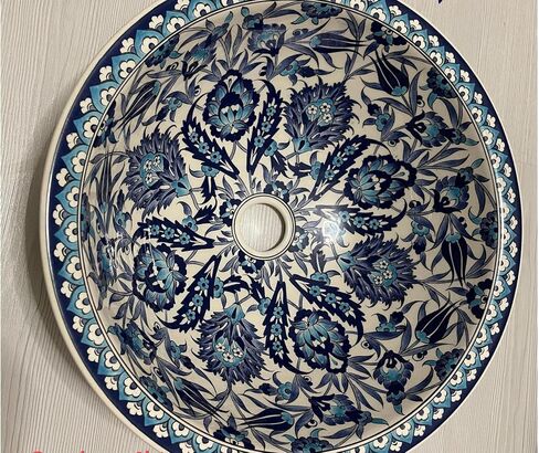 Bathroom Blue White Sink, Bathroom Vanity Tops, Countertop Ceramic Artistic Basin, Authentic Bathroom Remodeling, Indoor Design, Restroom in Saudi Arabia