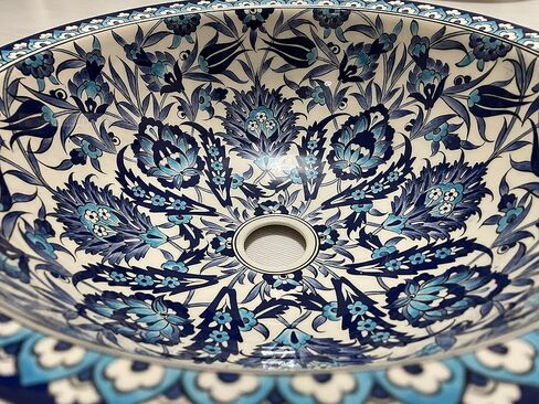 Bathroom Blue White Sink, Bathroom Vanity Tops, Countertop Ceramic Artistic Basin, Authentic Bathroom Remodeling, Indoor Design, Restroom in Saudi Arabia