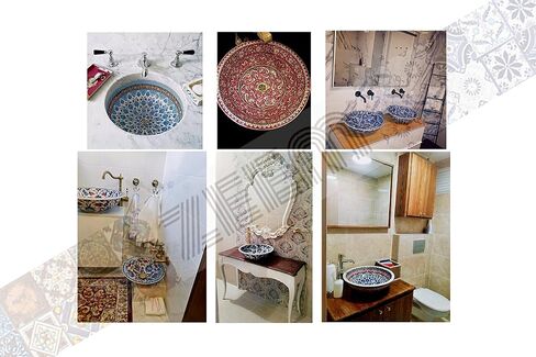 Bathroom Blue White Sink, Bathroom Vanity Tops, Countertop Ceramic Artistic Basin, Authentic Bathroom Remodeling, Indoor Design, Restroom in Saudi Arabia