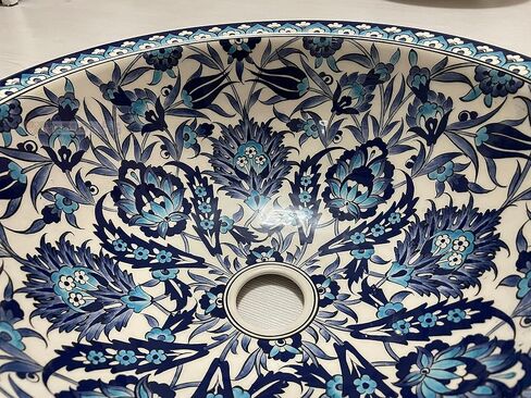 Bathroom Blue White Sink, Bathroom Vanity Tops, Countertop Ceramic Artistic Basin, Authentic Bathroom Remodeling, Indoor Design, Restroom in Saudi Arabia