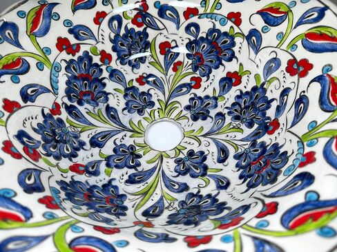 Round Floral Bathroom Vessel Sink, Kitchen Washbasin, Pottery Decorative Powder Room Basin, Painted Ceramic Washbasin, Remodeling, Farmhouse (Diameter: Bathroom Set + 20") in Saudi Arabia