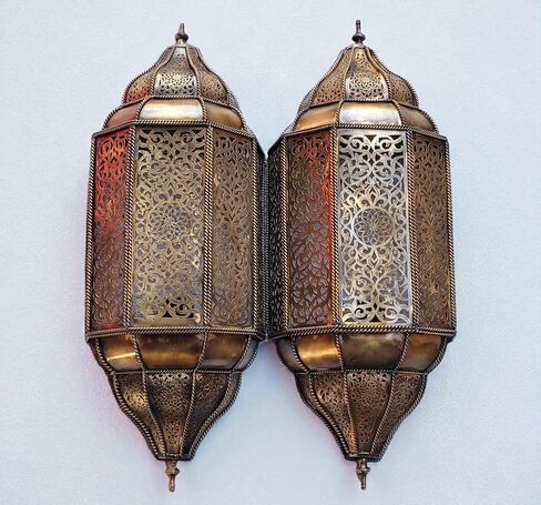 Set of 2 Handmade Moroccan Brass Wall Sconce - Traditional Bronze Wall Lamps (Gold) in Saudi Arabia