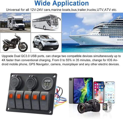 لوحة مفاتيح مطاطية مقاومة للماء مكونة من 5 عصابة بمنفذ USB 3.1 أمبير ومقبس 12 فولت ومقبس LED وفولتميتر ولوحة مفاتيح هزازة للسيارة والقارب والشاحنة... in Kuwait