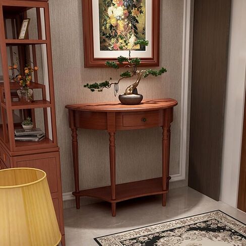 Half Moon Console Entryway Table, Solid Wood Console Tables with Drawer and Shelf, for Living Room,Foyer,Bedroom or Hallway(Light Walnut,35.4 * 13.8 * 31.5in) in Kuwait