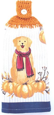 Golden Dog with Fall Pumpkins - Double Thick Crochet TOP Kitchen Towel (Fall Leaves) in Saudi Arabia