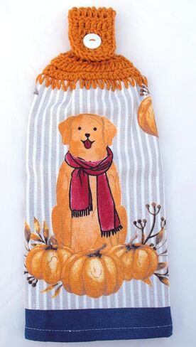 Golden Dog with Fall Pumpkins - Double Thick Crochet TOP Kitchen Towel (Fall Leaves) in Saudi Arabia