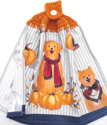 Golden Dog with Fall Pumpkins - Double Thick Crochet TOP Kitchen Towel (Fall Leaves) in Saudi Arabia