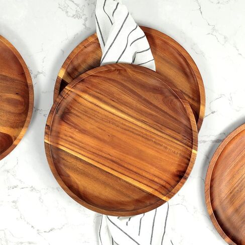 FANICHI Wooden plates (set of 4-11inch) Dinner Plates, Acacia Round Wood Plates, Unbreakable Classic Plates, Easy Cleaning & Lightweight for Dishes Snack, Dessert, Housewarming, Christmas Gift in Saudi Arabia