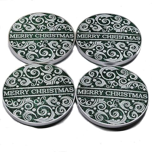 Holiday Coasters Resin Coasters Set of 4 Suitable for Cold Drinks Wine Mugs Cups Holidays, Parties, or Special Occasions (Contemporary, Green/White) in Saudi Arabia