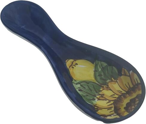Hand Painted Italian Ceramic Spoon Rest – 8.75 Inches Long – Made in Italy, Lemon and Sunflower Design with Yellow Rim – Handmade Ceramic Utensil Holder for Stove or Countertop Cucina in Saudi Arabia
