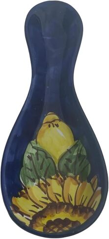 Hand Painted Italian Ceramic Spoon Rest – 8.75 Inches Long – Made in Italy, Lemon and Sunflower Design with Yellow Rim – Handmade Ceramic Utensil Holder for Stove or Countertop Cucina in Saudi Arabia
