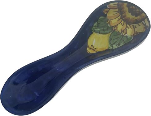 Hand Painted Italian Ceramic Spoon Rest – 8.75 Inches Long – Made in Italy, Lemon and Sunflower Design with Yellow Rim – Handmade Ceramic Utensil Holder for Stove or Countertop Cucina in Saudi Arabia