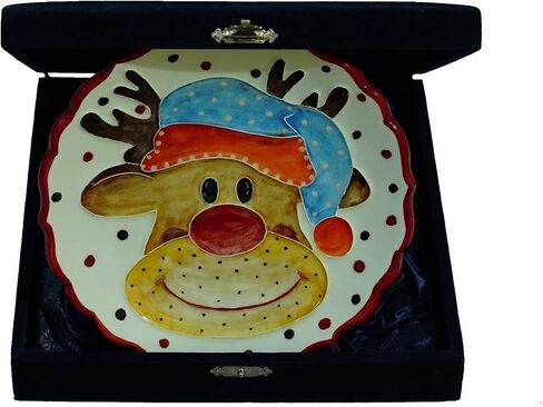 Anka Handcrafts - Christmas Home Decors - Santa's Reindeer - Handmade & Handpainted Ceramic Plates with Unique Embossed Surface – w Navy Int. Velvet Case – Christmas for Homes 755 in Saudi Arabia
