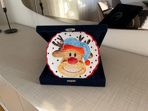 Anka Handcrafts - Christmas Home Decors - Santa's Reindeer - Handmade & Handpainted Ceramic Plates with Unique Embossed Surface – w Navy Int. Velvet Case – Christmas for Homes 755 in Saudi Arabia