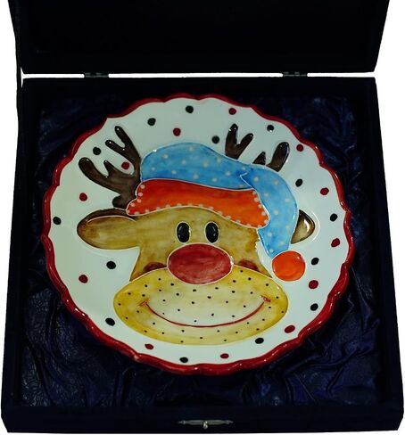 Anka Handcrafts - Christmas Home Decors - Santa's Reindeer - Handmade & Handpainted Ceramic Plates with Unique Embossed Surface – w Navy Int. Velvet Case – Christmas for Homes 755 in Saudi Arabia