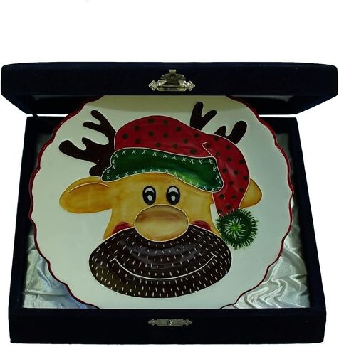 Anka Handcrafts - Christmas Home Decors - Santa's Reindeer - Handmade & Handpainted Ceramic Plates with Unique Embossed Surface – w Navy Int. Velvet Case – Christmas for Homes 757 in Saudi Arabia