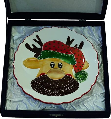 Anka Handcrafts - Christmas Home Decors - Santa's Reindeer - Handmade & Handpainted Ceramic Plates with Unique Embossed Surface – w Navy Int. Velvet Case – Christmas for Homes 757 in Saudi Arabia