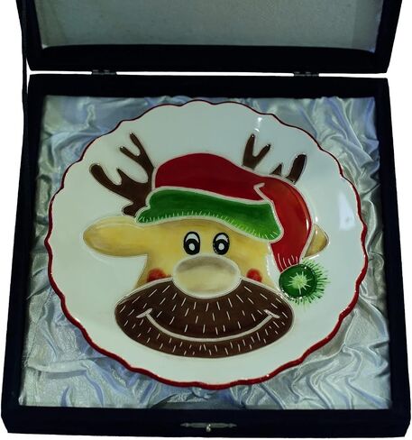 Anka Handcrafts - Christmas Home Decors - Santa's Reindeer - Handmade & Handpainted Ceramic Plates with Unique Embossed Surface – w Navy Int. Velvet Case – Christmas for Homes 756 in Saudi Arabia