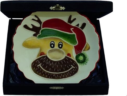 Anka Handcrafts - Christmas Home Decors - Santa's Reindeer - Handmade & Handpainted Ceramic Plates with Unique Embossed Surface – w Navy Int. Velvet Case – Christmas for Homes 756 in Saudi Arabia