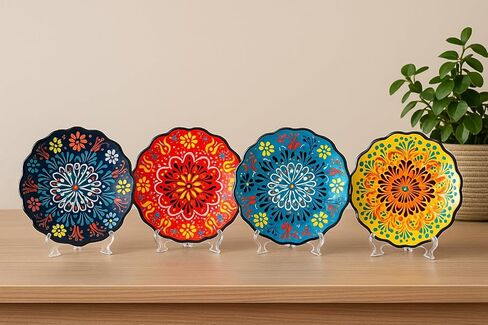 4-Piece 5-Inch Handmade Turkish Ceramic Plate Set – Wall & Table Decor & Jewelry/Ring Dish – Decorative Rings & Jewelry Tray Set in Kuwait