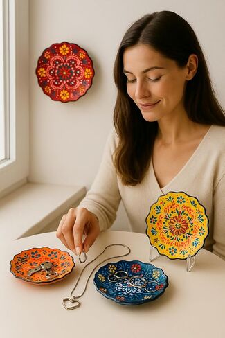 4-Piece 5-Inch Handmade Turkish Ceramic Plate Set – Wall & Table Decor & Jewelry/Ring Dish – Decorative Rings & Jewelry Tray Set in Kuwait