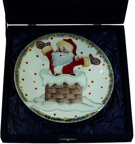Anka Handcrafts - Christmas Home Decors – Santa in Chimney - Handmade & Handpainted Ceramic Plates with Unique Embossed Surface – w Navy Int. Velvet Case – Christmas for Homes 779 in Saudi Arabia