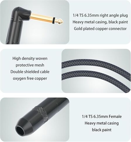 HUALEU 2-Pack 3.3Ft 1/4 بوصة الزاوية اليمنى TS ذكر إلى 1/4 بوصة TS كابل محول أنثى، 6.35 مم 1/4 بوصة موصل أحادي للقابس السفلي للجيتار/الجيتار على شكل حرف V/الجبهة التي تواجه جاك غيتار تمديد الحبل in Kuwait