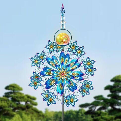 Kircust Solar Wind Spinner, Extra-Large Tulip Garden Windmill Spinners with LED Lighting Solar Powered Glass Ball, Kinetic Metal Sculpture for Outdoor Yard Lawn Patio Decorations in Saudi Arabia