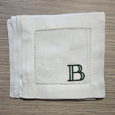 Personalized Embroidered Monogrammed Initial Letter Linen Cotton Cocktail Napkins, Custom White Cloth 6"x6" Hemstitch Coasters Wedding Bridal Shower Bachelorette Party Birthday Bar Cart (Set of 4) in Saudi Arabia