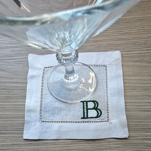 Personalized Embroidered Monogrammed Initial Letter Linen Cotton Cocktail Napkins, Custom White Cloth 6"x6" Hemstitch Coasters Wedding Bridal Shower Bachelorette Party Birthday Bar Cart (Set of 4) in Saudi Arabia