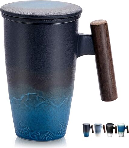 suyika Tomotime Ceramic Tea Cup with Infuser and Lid Tea Mugs Wooden Handle 400ml/13.5oz Black cyan in Saudi Arabia