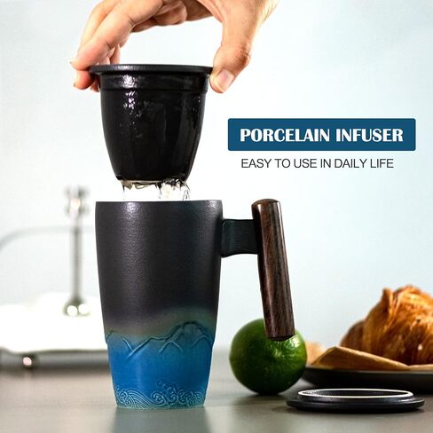 suyika Tomotime Ceramic Tea Cup with Infuser and Lid Tea Mugs Wooden Handle 400ml/13.5oz Black cyan in Saudi Arabia