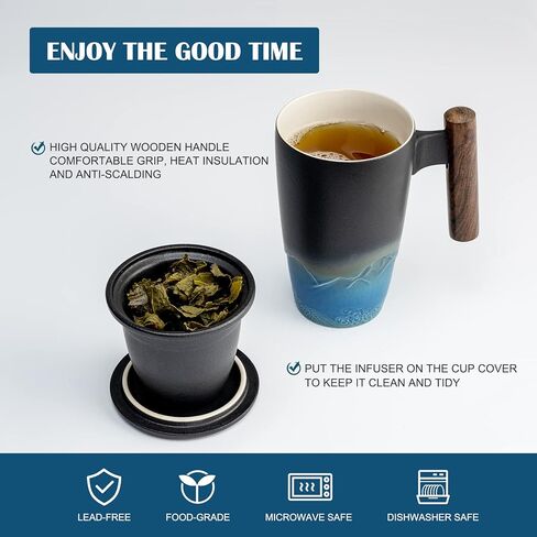 suyika Tomotime Ceramic Tea Cup with Infuser and Lid Tea Mugs Wooden Handle 400ml/13.5oz Black cyan in Saudi Arabia