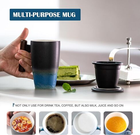 suyika Tomotime Ceramic Tea Cup with Infuser and Lid Tea Mugs Wooden Handle 400ml/13.5oz Black cyan in Saudi Arabia
