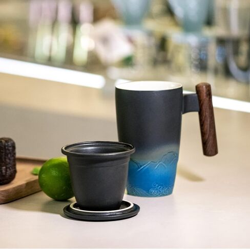 suyika Tomotime Ceramic Tea Cup with Infuser and Lid Tea Mugs Wooden Handle 400ml/13.5oz Black cyan in Saudi Arabia