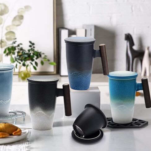 suyika Tomotime Ceramic Tea Cup with Infuser and Lid Tea Mugs Wooden Handle 400ml/13.5oz Black cyan in Saudi Arabia