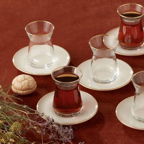 Karaca Streamline Saturn 12 قطعة أكواب شاي تركي لـ 6 أشخاص ، 5.75 Fl Oz مجموعة شاي تركي ، زجاج متين مع تفاصيل البلاتين وصحن الألوان البيضاء in Saudi Arabia