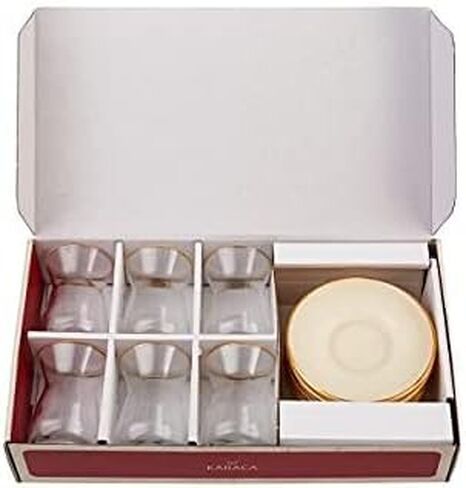 Karaca Streamline Saturn 12 قطعة أكواب شاي تركي لـ 6 أشخاص ، 5.75 Fl Oz مجموعة شاي تركي ، زجاج متين مع تفاصيل البلاتين وصحن الألوان البيضاء in Saudi Arabia