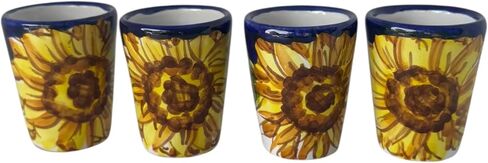 Hand Painted Italian Ceramic Shot Glasses Set of 4, 1.2 oz Sunflower Design Cups, Small Ceramic Limoncello & Tequila Shot Glasses, Artisan Mediterranean Pottery Drinkware, Handmade Tasting Cups in Saudi Arabia