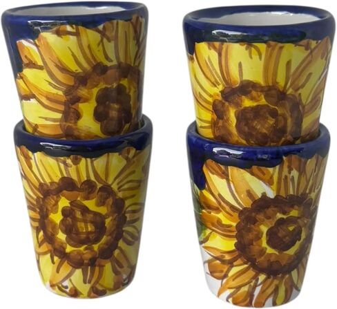 Hand Painted Italian Ceramic Shot Glasses Set of 4, 1.2 oz Sunflower Design Cups, Small Ceramic Limoncello & Tequila Shot Glasses, Artisan Mediterranean Pottery Drinkware, Handmade Tasting Cups in Saudi Arabia