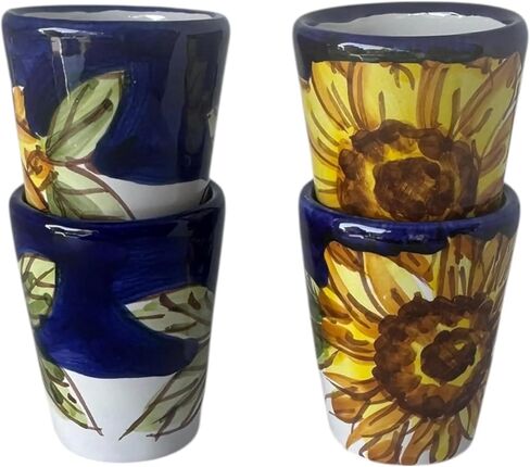 Hand Painted Italian Ceramic Shot Glasses Set of 4, 1.2 oz Sunflower Design Cups, Small Ceramic Limoncello & Tequila Shot Glasses, Artisan Mediterranean Pottery Drinkware, Handmade Tasting Cups in Saudi Arabia
