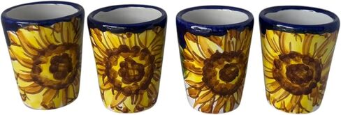 Hand Painted Italian Ceramic Shot Glasses Set of 4, 1.2 oz Sunflower Design Cups, Small Ceramic Limoncello & Tequila Shot Glasses, Artisan Mediterranean Pottery Drinkware, Handmade Tasting Cups in Saudi Arabia