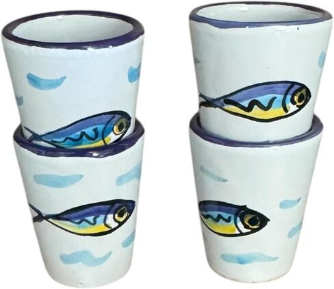 Hand Painted Italian Ceramic Shot Glasses Set of 4, 1.2 oz Anchovy Design Shot Cups, Coastal Mediterranean Pottery Drinkware, Small Ceramic Limoncello & Tequila Shot Glasses, Handmade Tasting Cups in Saudi Arabia
